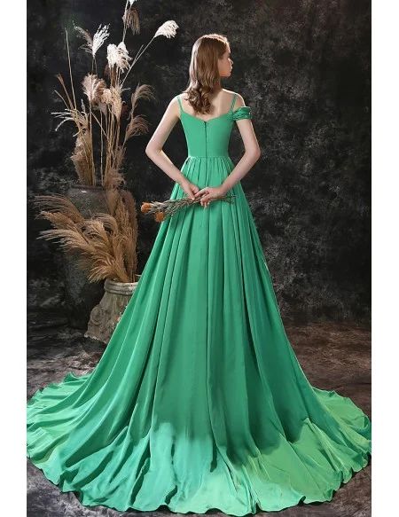 Green Long Slit Chiffon Prom Dress Trained with Colorful Flowers Neck