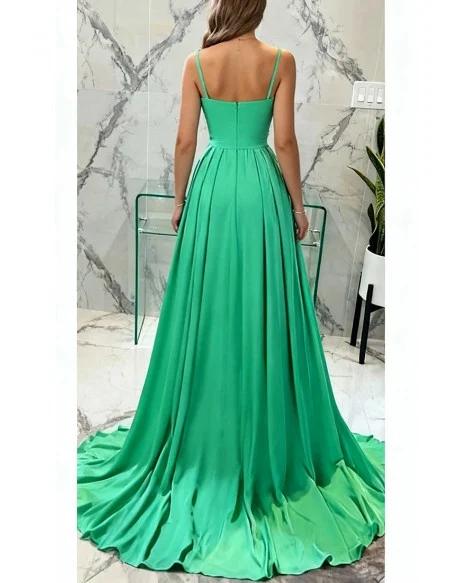Green Long Slit Chiffon Prom Dress Trained with Colorful Flowers Neck