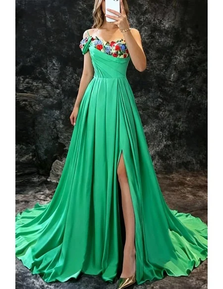 Green Long Slit Chiffon Prom Dress Trained with Colorful Flowers Neck