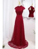 Modest High Neck Sequined Sparkly Evening Prom Dress With Keyhole Back