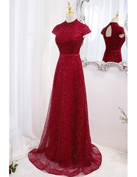 Modest High Neck Sequined Sparkly Evening Prom Dress With Keyhole Back