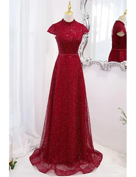Modest High Neck Sequined Sparkly Evening Prom Dress With Keyhole Back