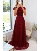 Modest High Neck Sequined Sparkly Evening Prom Dress With Keyhole Back