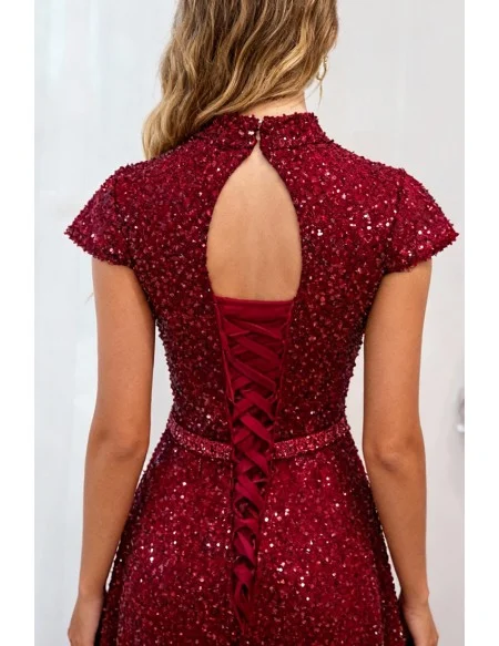 Modest High Neck Sequined Sparkly Evening Prom Dress With Keyhole Back