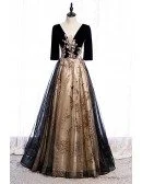 Black Tulle Vneck Evening Formal Dress with Bling Sequins Sleeves
