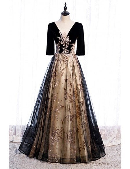 Black Tulle Vneck Evening Formal Dress with Bling Sequins Sleeves