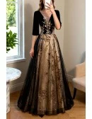 Black Tulle Vneck Evening Formal Dress with Bling Sequins Sleeves