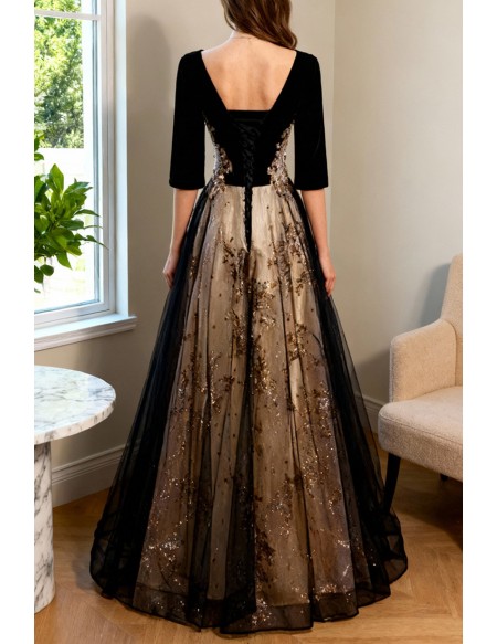 Black Tulle Vneck Evening Formal Dress with Bling Sequins Sleeves