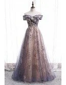 Dusty Purple Grey Long Tulle Prom Dress Off Shoulder with Sequins