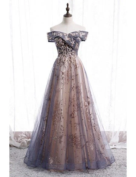 Dusty Purple Grey Long Tulle Prom Dress Off Shoulder with Sequins