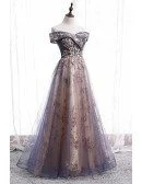 Dusty Purple Grey Long Tulle Prom Dress Off Shoulder with Sequins