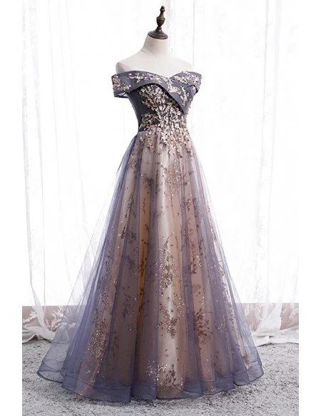 Dusty Purple Grey Long Tulle Prom Dress Off Shoulder with Sequins