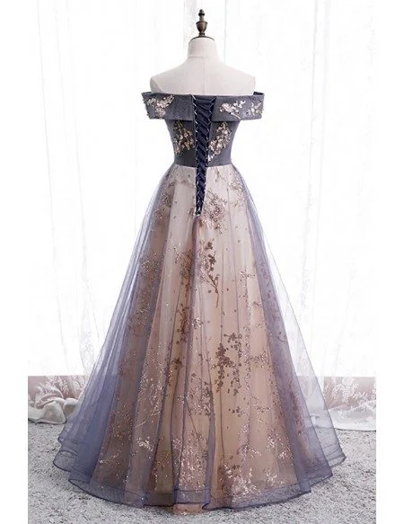 Dusty Purple Grey Long Tulle Prom Dress Off Shoulder with Sequins