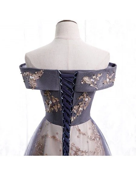 Dusty Purple Grey Long Tulle Prom Dress Off Shoulder with Sequins