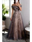 Dusty Purple Grey Long Tulle Prom Dress Off Shoulder with Sequins