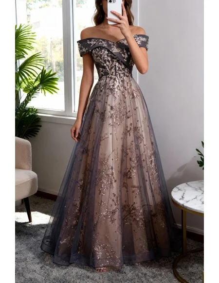Dusty Purple Grey Long Tulle Prom Dress Off Shoulder with Sequins