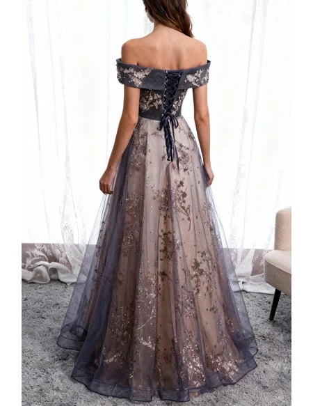 Dusty Purple Grey Long Tulle Prom Dress Off Shoulder with Sequins