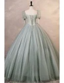 Dusty Green Tulle Ballgown Beautiful Prom Dress With Bubble Sleeves