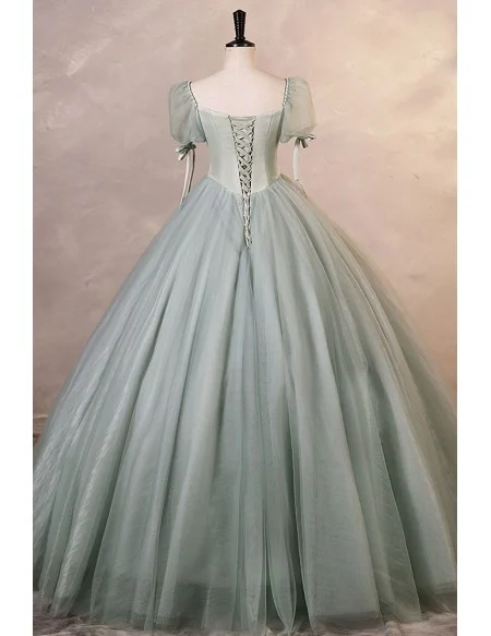 Dusty Green Tulle Ballgown Beautiful Prom Dress With Bubble Sleeves