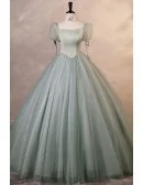 Dusty Green Tulle Ballgown Beautiful Prom Dress With Bubble Sleeves