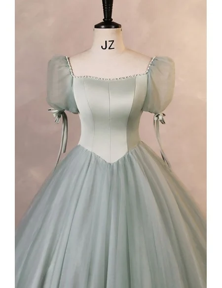 Dusty Green Tulle Ballgown Beautiful Prom Dress With Bubble Sleeves