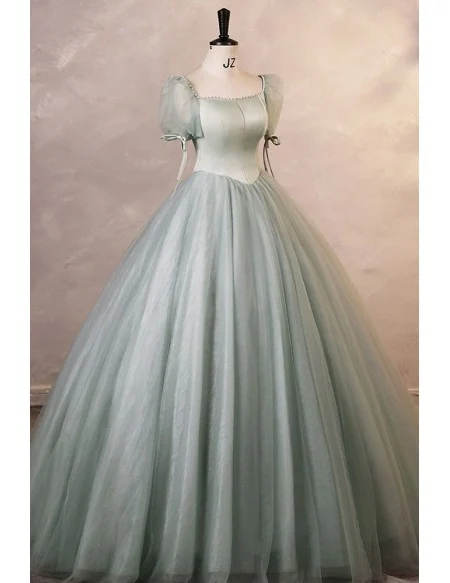 Dusty Green Tulle Ballgown Beautiful Prom Dress With Bubble Sleeves