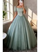Dusty Green Tulle Ballgown Beautiful Prom Dress With Bubble Sleeves