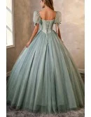 Dusty Green Tulle Ballgown Beautiful Prom Dress With Bubble Sleeves