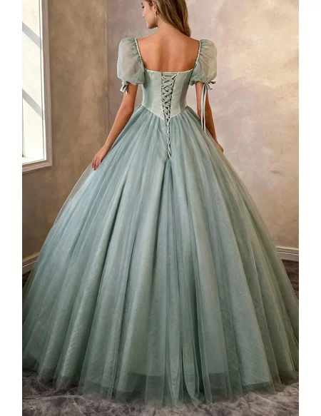 Dusty Green Tulle Ballgown Beautiful Prom Dress With Bubble Sleeves