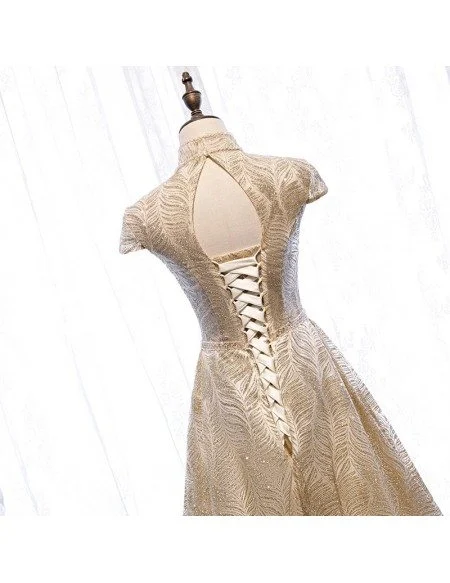 Sparkly Gold Sequined Pattern Long Prom Dress Beaded with Cap Sleeves