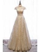 Sparkly Gold Sequined Pattern Long Prom Dress Beaded with Cap Sleeves