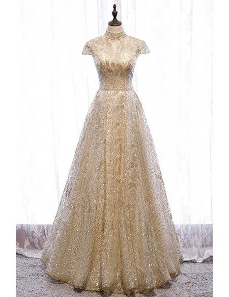 Sparkly Gold Sequined Pattern Long Prom Dress Beaded with Cap Sleeves