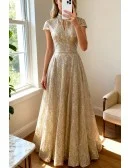 Sparkly Gold Sequined Pattern Long Prom Dress Beaded with Cap Sleeves