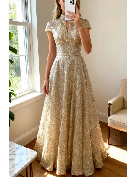 Sparkly Gold Sequined Pattern Long Prom Dress Beaded with Cap Sleeves