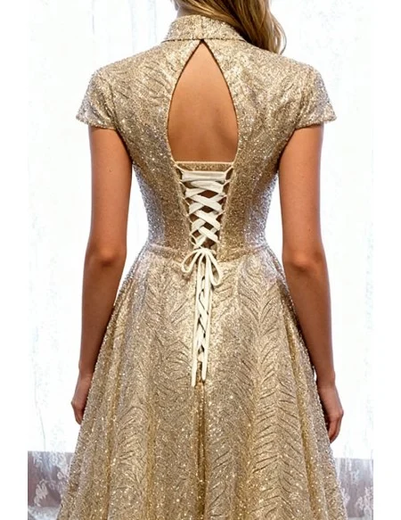 Sparkly Gold Sequined Pattern Long Prom Dress Beaded with Cap Sleeves