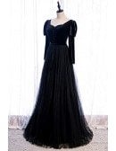 Gothic Formal Long Black Tulle Prom Dress with Long Sleeves
