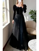 Gothic Formal Long Black Tulle Prom Dress with Long Sleeves