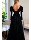 Gothic Formal Long Black Tulle Prom Dress with Long Sleeves