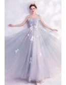 Elegant Grey Aline Long Tulle Prom Dress With Appliques Straps