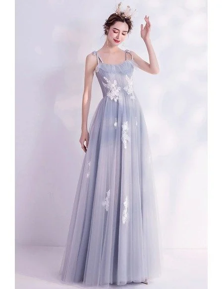 Elegant Grey Aline Long Tulle Prom Dress With Appliques Straps