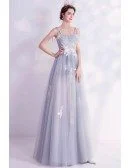 Elegant Grey Aline Long Tulle Prom Dress With Appliques Straps
