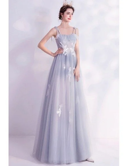 Elegant Grey Aline Long Tulle Prom Dress With Appliques Straps