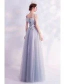 Elegant Grey Aline Long Tulle Prom Dress With Appliques Straps