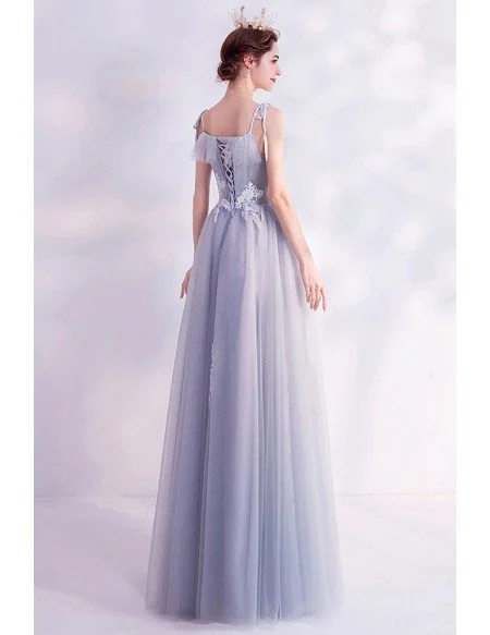 Elegant Grey Aline Long Tulle Prom Dress With Appliques Straps