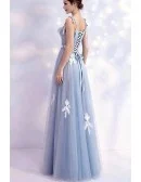 Elegant Grey Aline Long Tulle Prom Dress With Appliques Straps