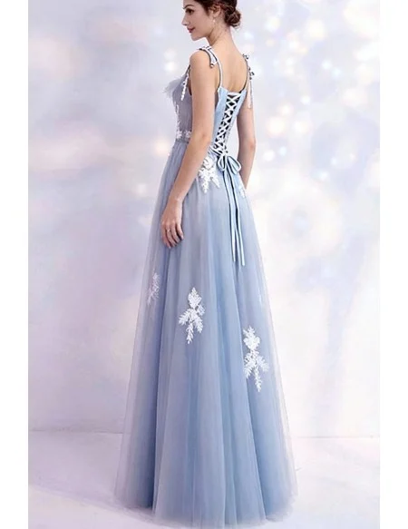 Elegant Grey Aline Long Tulle Prom Dress With Appliques Straps