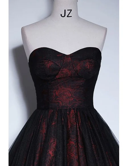 Off Shoulder Black Tulle Floral Pattern Gothic Prom Dress