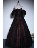 Off Shoulder Black Tulle Floral Pattern Gothic Prom Dress