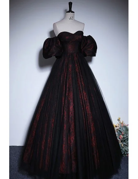 Off Shoulder Black Tulle Floral Pattern Gothic Prom Dress