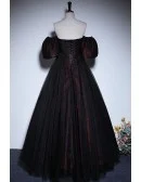 Off Shoulder Black Tulle Floral Pattern Gothic Prom Dress